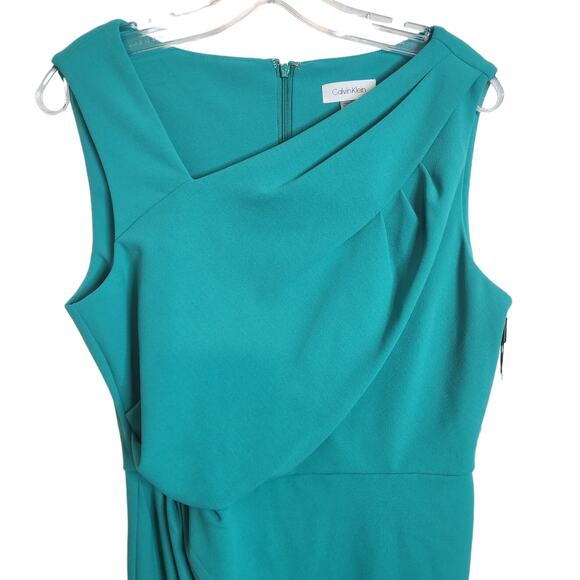 Calvin Klein Asymmetrical Drape Front Sheath Dress, Aqua/Teal, NWT, Size 12 - Picture 2 of 7